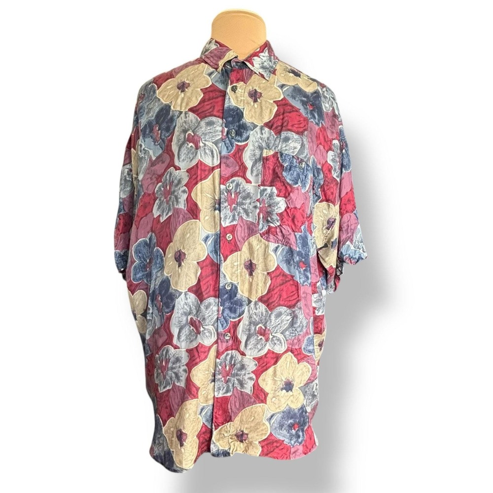 Vintage 90s Floral Silk Shirt XL Atelier De Soir Tropical Button Up Vacation Top - Picture 9 of 9